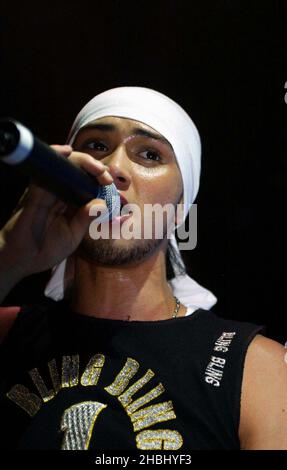 Billy Crawford performs live on stage supporting Liberty X at the Hammersmith Apollo, London. Headshot, bandana. Stock Photo