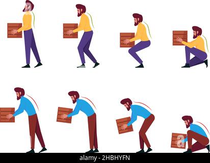 Safety lifting. Correct and incorrect instruction for moving heavy packages for workers ergonomic movement for loading objects garish vector flat Stock Vector