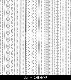 Sewing seams. Embroidery stripe, geometric stitched lines. Sew stitch or seam, seamless fabric borders. Isolated decorative cross embroidered, nowaday Stock Vector