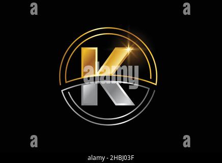Initial letter K with circle frame. Golden and silver color alphabet symbol for corporate business identity Stock Vector