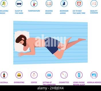 Sleeping rules. Relaxing poses and foods nutrition for healthy sleep betters tips for people sleeping characters male and female garish vector Stock Vector