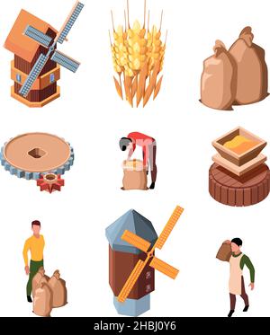 Milling production. Farm industry making mill from rural grains and rustic corns historical building of windmill garish vecto illustrations isometric Stock Vector