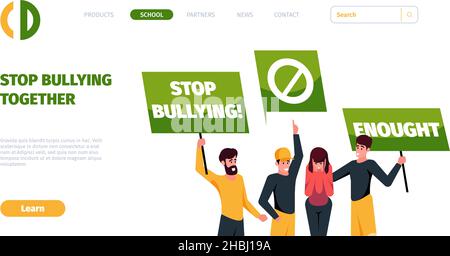 Bulling landing. Stop bully teenagers aggressive digital haters garish vector business web page with social announce Stock Vector