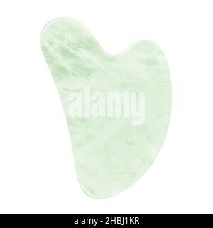Green Gua Sha scraper, massage tool isolated on white background. Stock Photo