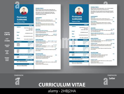 Editable resume, vector template CV, dimensions A4 and letter, organized editable layers including text layers. Stock Vector