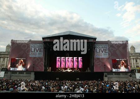 David Gray, Morcheeba and many other artistes performed live in front of 10.000 fans at the free concert to promote the new-look square and kick-starts the next phase of the Totally London Tourism initiative, encouraging to visit the Capital. Stock Photo