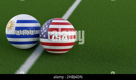 USA vs. Uruguay Soccer Match - Leather balls in USA and Uruguay national colors. 3D Rendering Stock Photo