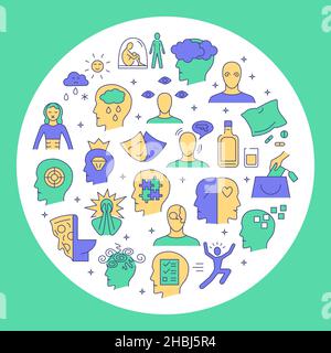 Mental disorders round concept poster in line style. Psychological problems banner. Vector illustration. Stock Vector