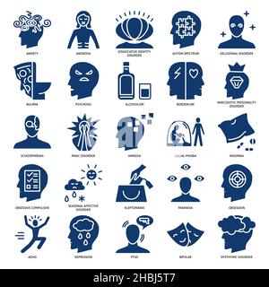 Mental illness icon set in flat style. Psychological problems and disorders collection. Vector illustration. Stock Vector