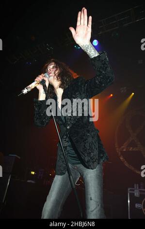 Finnish Goth Rock band Him perform in concert at the Astoria in London. Vocalist Ville Valo. Stock Photo