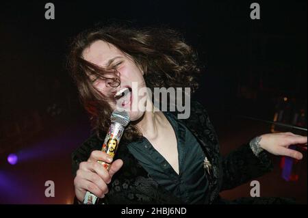 Finnish Goth Rock band Him perform in concert at the Astoria in London. Vocalist Ville Valo. Stock Photo