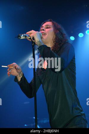 Finnish Goth Rock band Him perform in concert at the Astoria in London. Vocalist Ville Valo. Stock Photo