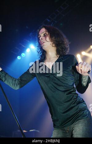 Finnish Goth Rock band Him perform in concert at the Astoria in London. Vocalist Ville Valo. Stock Photo