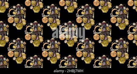 Seamless pattern of old and broken watches on a black background Stock Photo