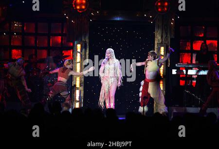 International singer and actress Cher performs on stage on her 'The Farewell Tour' in London. Stock Photo