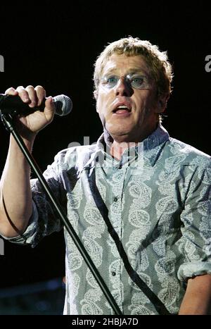 Roger Daltrey performs with The Who live on stage headling Saturday at the Isle of Wight Festival. Stock Photo