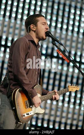 The Red Hot Chili Peppers Concert performing live on stage at Hyde Park in London. John Frusciante guitarist. Stock Photo