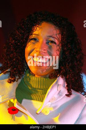Margerita Taylor introduces Busted performing live on stage at the annual Regent Street Christmas Lights switching-on ceremony, having performed live, in Regent Street on November 7, 2004 in London. Head Shot Stock Photo