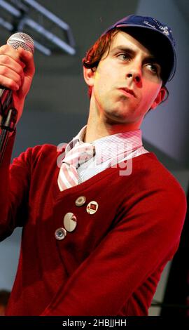 Maximo Park perform live and sign copies of their debut album 'A Certain Trigger', at HMV Oxford Street, 2005 in London. Paul Smith Stock Photo