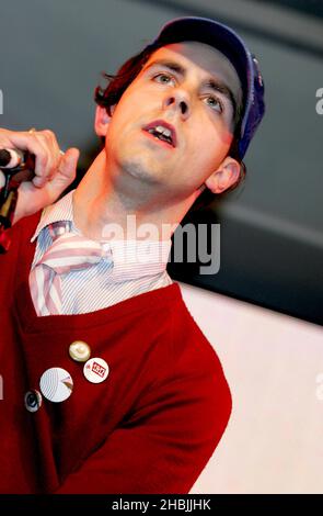 Maximo Park perform live and sign copies of their debut album 'A Certain Trigger', at HMV Oxford Street, 2005 in London. Paul Smith Stock Photo