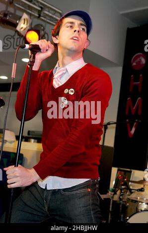 Maximo Park perform live and sign copies of their debut album 'A Certain Trigger', at HMV Oxford Street, 2005 in London. Paul Smith Stock Photo