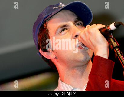 Maximo Park perform live and sign copies of their debut album 'A Certain Trigger', at HMV Oxford Street, 2005 in London. Paul Smith Stock Photo