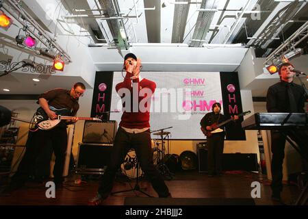 Maximo Park perform live and sign copies of their debut album 'A Certain Trigger', at HMV Oxford Street, 2005 in London. Paul Smith Stock Photo