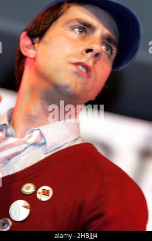 Maximo Park perform live and sign copies of their debut album 'A Certain Trigger', at HMV Oxford Street, 2005 in London. Paul Smith Stock Photo