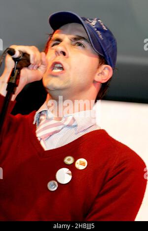 Maximo Park perform live and sign copies of their debut album 'A Certain Trigger', at HMV Oxford Street, 2005 in London. Paul Smith Stock Photo