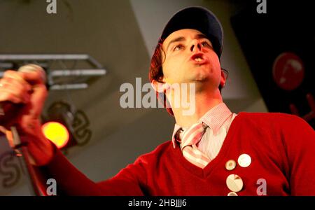 Maximo Park perform live and sign copies of their debut album 'A Certain Trigger', at HMV Oxford Street, 2005 in London. Paul Smith Stock Photo