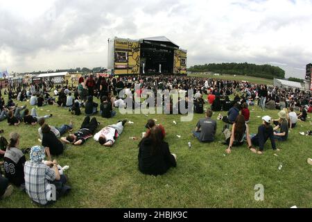 Crowd view at day one of this year's Download Festival at Donington Park, Castle Donington on June 10, 2005 in Leicestershire. Stock Photo