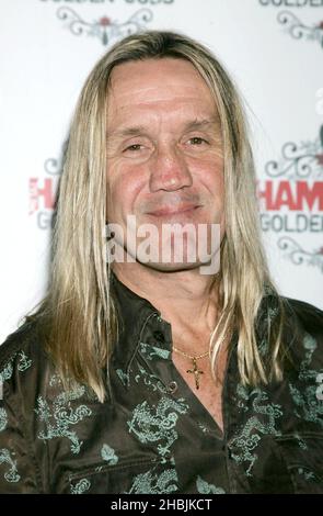 Nicko McBrain drummer of Iron Maiden poses in Awards Press Room at The Metal Hammer Golden Gods Awards at the The Astoria 13, 2005 in London. Head shot Stock Photo