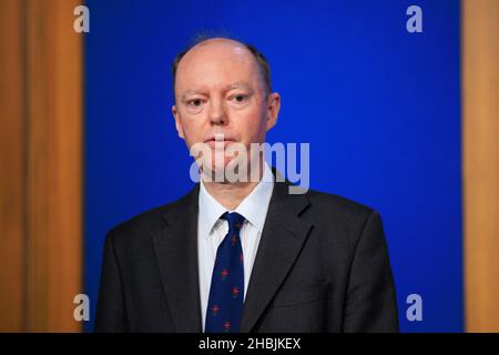 Chief Medical Officer for England Chris Whitty speaks during a Covid Update at Downing Street on December 15, 2021 in London, England. Stock Photo