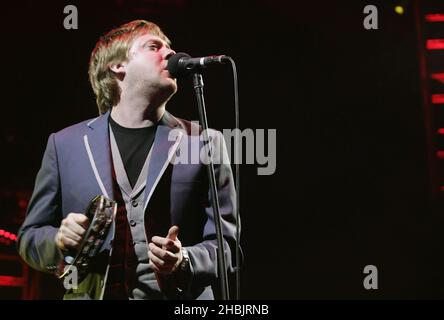 Ricky Wilson of Leeds indie group Kaiser Chiefs on stage. Stock Photo