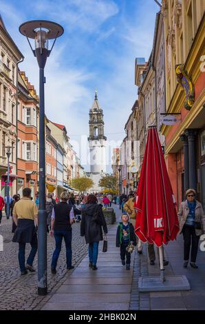 Bautzen, Germany - April 20th, 2014: The Reichenturm Tower and lots of tourists and citizens who stroll along Reichenstrasse street. Stock Photo