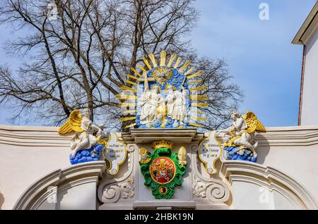 Bautzen, Upper Lusatia, Saxony, Germany: Portal gable with a depiction of the Chair of Mercy above the entrance portal to the Cathedral Foundation. Stock Photo