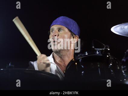 The Red Hot Chili Peppers drummer, Chad Smith, performs at The Roundhouse on November 22, 2006 in London. Stock Photo