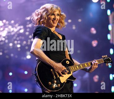 Madonna performs during the charity concert at Wembley Stadium, London. Stock Photo