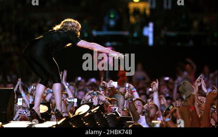 Madonna performs during the charity concert at Wembley Stadium, London. Stock Photo