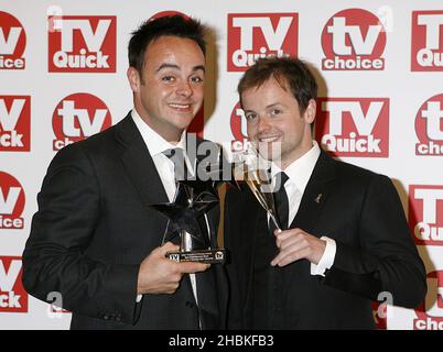 Anthony McPartlin (left) and Declan Donnelly with the award for best entertainment show for 'Saturday Night Takeaway', at the TV Quick and TV Choice awards 2008, at The Dorchester, Park Lane, London. Stock Photo