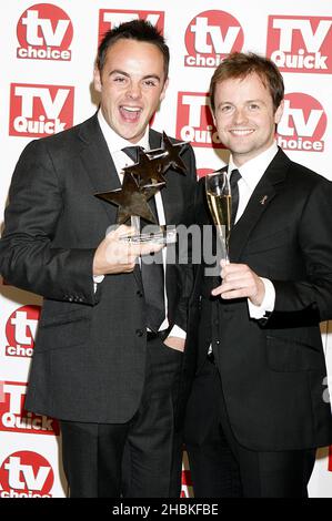 Anthony McPartlin (left) and Declan Donnelly with the award for best entertainment show for 'Saturday Night Takeaway', at the TV Quick and TV Choice awards 2008, at The Dorchester, Park Lane, London. Stock Photo