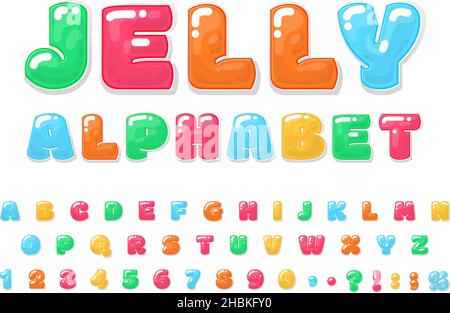 Jelly cartoon alphabet. Color letter 3d, kids tasty numbers. Delicious bubble gum text, fun candy typography elements childish decent vector Stock Vector