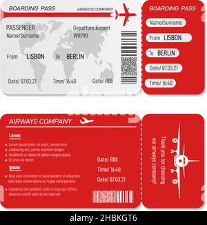 Realistic boarding pass. Plane tickets, flying trip namecard. Airplane board cards. Isolated paper ticket for travel or vacation, exact vector Stock Vector