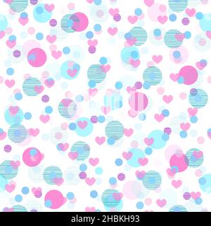 Fun Pink and Blue Pattern Design with Hearts and Dots Stock Vector
