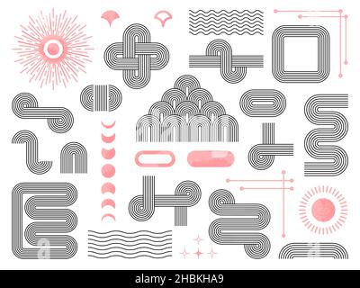 Line mid century art. Arcing elements, abstract scandinavian arch. Minimal geometric vintage shapes. Bohemian decorations, swanky vector set Stock Vector