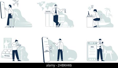 Booking travel. Mobile international agency, travelling office. Flat tourism, car sharing and plane tickets buy. Reservation online recent vector Stock Vector