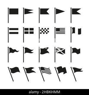 Flag icons. Black isolated flags, pennant icon. Simple flagpole elements, national symbols or race sign. Location point mark tidy vector set Stock Vector