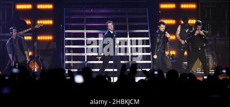 New Kids on the Block perform on stage at the 02 Arena. Stock Photo