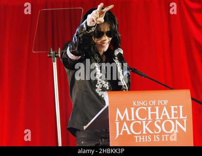 Michael Jackson announces plans for his last performances in London in July at the O2 Arena during a press conference held at the O2 Arena in Greenwich, London. Stock Photo