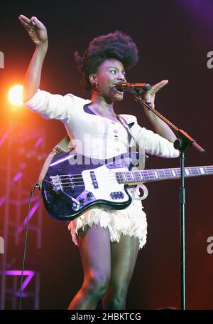 Shingai Shoniwa of The Noisettes performs on stage at the Girlguiding UK's Centeneary Big Gig at Wembley Arena, London. Stock Photo
